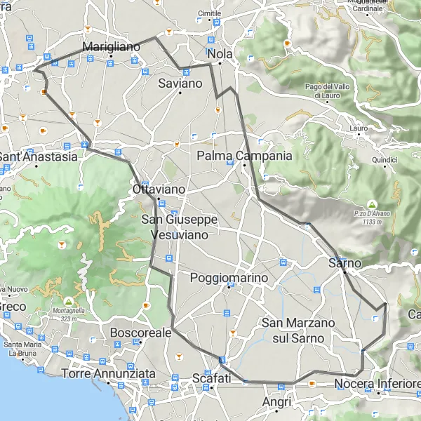 Map miniature of "Sarno Valley Ride" cycling inspiration in Campania, Italy. Generated by Tarmacs.app cycling route planner