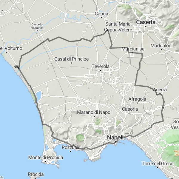 Miniatura della mappa di ispirazione al ciclismo "Tra Napoli e la Campania Felix" nella regione di Campania, Italy. Generata da Tarmacs.app, pianificatore di rotte ciclistiche