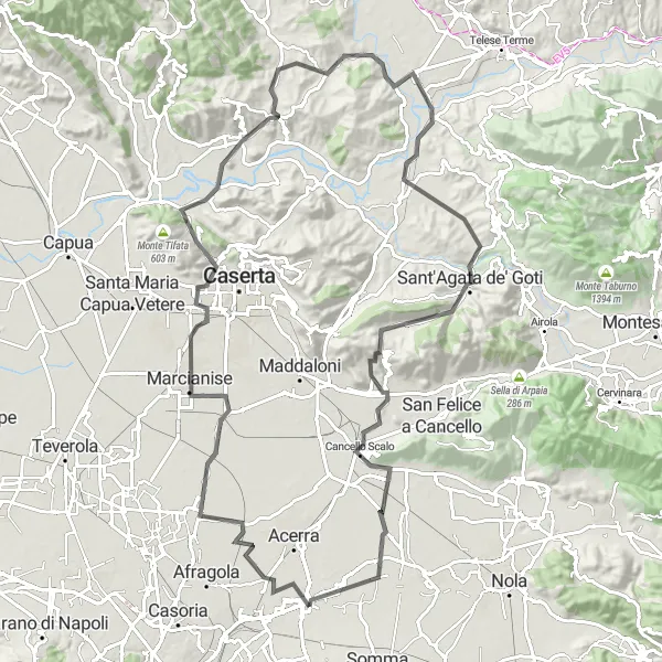 Miniatura della mappa di ispirazione al ciclismo "Percorso dei Monti Campani" nella regione di Campania, Italy. Generata da Tarmacs.app, pianificatore di rotte ciclistiche