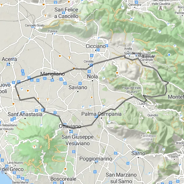 Map miniature of "Lauro and Cima BICIAmoci Road Cycling Route" cycling inspiration in Campania, Italy. Generated by Tarmacs.app cycling route planner