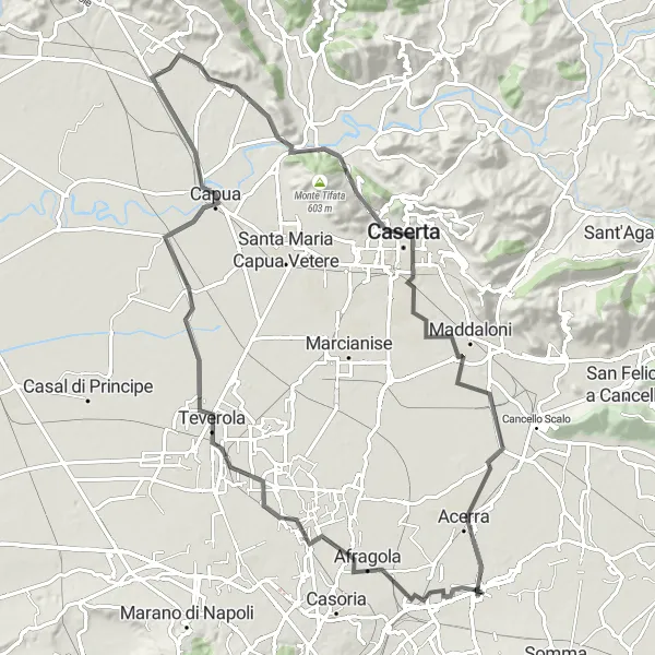 Miniatura della mappa di ispirazione al ciclismo "Ciclovia della Campania Antica" nella regione di Campania, Italy. Generata da Tarmacs.app, pianificatore di rotte ciclistiche