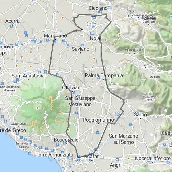 Miniatura della mappa di ispirazione al ciclismo "Giro in bici da Pompei a Scafati e ritorno" nella regione di Campania, Italy. Generata da Tarmacs.app, pianificatore di rotte ciclistiche