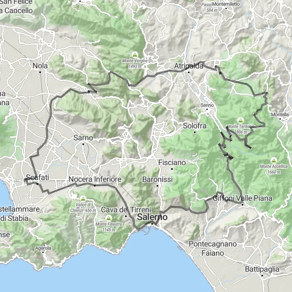 Miniatura della mappa di ispirazione al ciclismo "Avventura ciclistica tra Pompei e Salerno" nella regione di Campania, Italy. Generata da Tarmacs.app, pianificatore di rotte ciclistiche