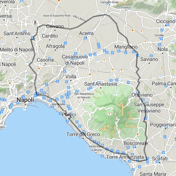 Miniatura della mappa di ispirazione al ciclismo "Giro in bicicletta tra Pompei e Ottaviano" nella regione di Campania, Italy. Generata da Tarmacs.app, pianificatore di rotte ciclistiche