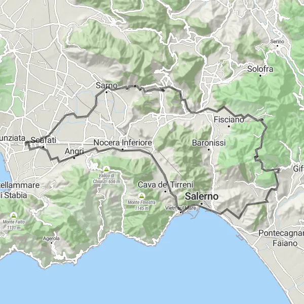 Miniatura della mappa di ispirazione al ciclismo "Tour delle Colline Costiere" nella regione di Campania, Italy. Generata da Tarmacs.app, pianificatore di rotte ciclistiche