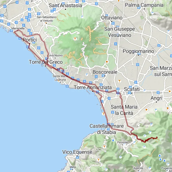Miniatura della mappa di ispirazione al ciclismo "Gravel Ponticelli-Gragnano" nella regione di Campania, Italy. Generata da Tarmacs.app, pianificatore di rotte ciclistiche