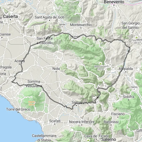 Miniatura della mappa di ispirazione al ciclismo "Gran Tour Campano" nella regione di Campania, Italy. Generata da Tarmacs.app, pianificatore di rotte ciclistiche