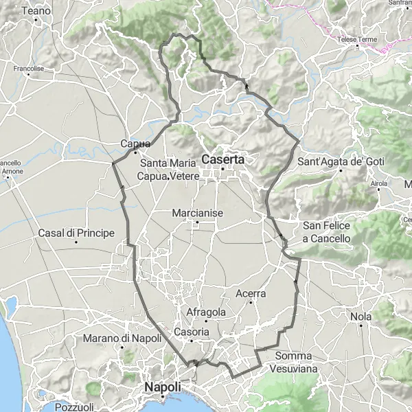Miniatura della mappa di ispirazione al ciclismo "Giro in bicicletta attraverso Cercola e Caiazzo" nella regione di Campania, Italy. Generata da Tarmacs.app, pianificatore di rotte ciclistiche