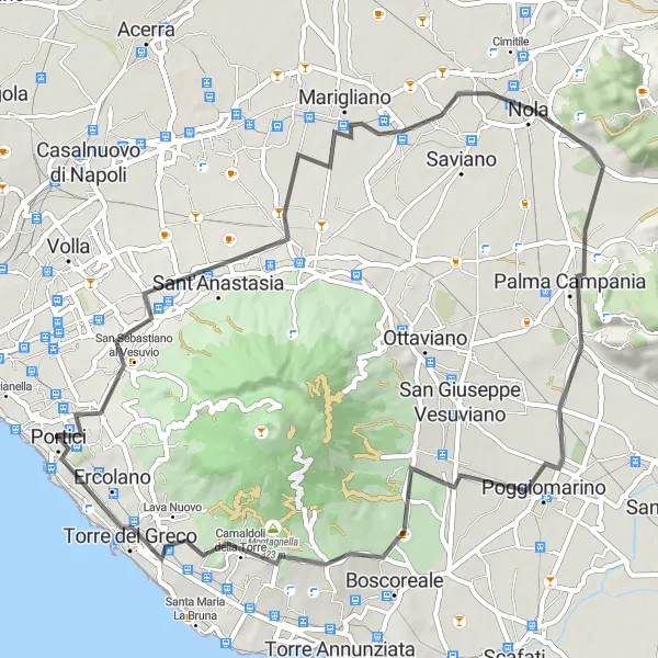 Miniatura della mappa di ispirazione al ciclismo "Giro in bici tra Portici e Torre del Greco" nella regione di Campania, Italy. Generata da Tarmacs.app, pianificatore di rotte ciclistiche