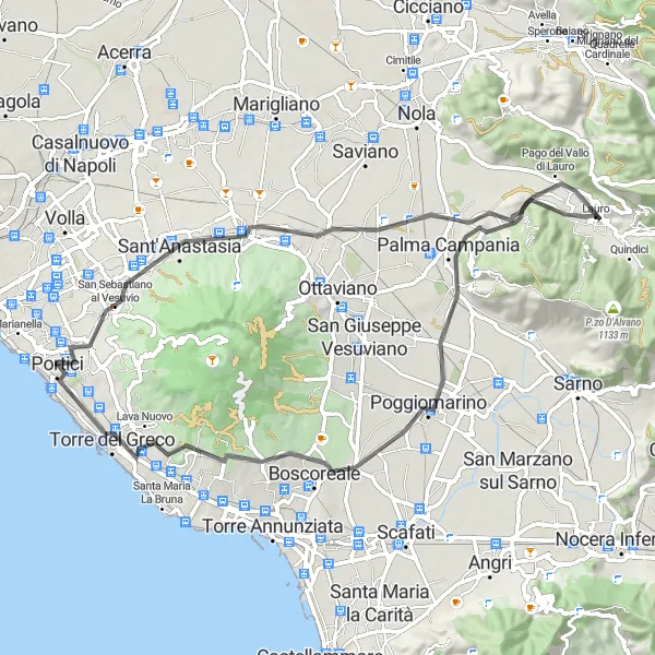 Miniatura della mappa di ispirazione al ciclismo "Esplorazione in bicicletta da Portici a Ercolano" nella regione di Campania, Italy. Generata da Tarmacs.app, pianificatore di rotte ciclistiche