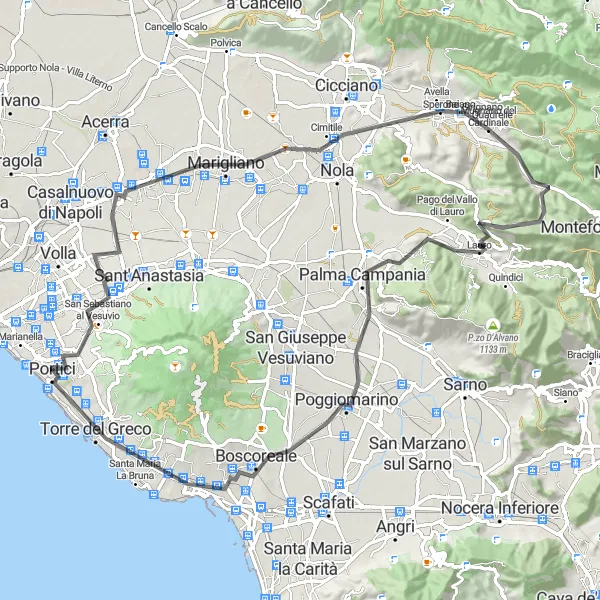 Miniatura della mappa di ispirazione al ciclismo "Tour panoramico da Portici a Torre Annunziata" nella regione di Campania, Italy. Generata da Tarmacs.app, pianificatore di rotte ciclistiche