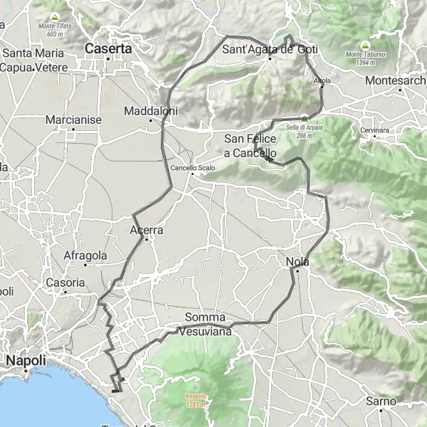 Miniatura della mappa di ispirazione al ciclismo "Colli Campani Road Cycling Loop" nella regione di Campania, Italy. Generata da Tarmacs.app, pianificatore di rotte ciclistiche
