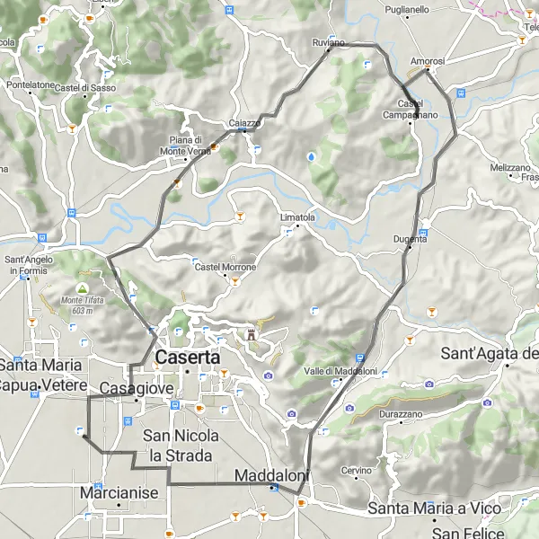 Miniatura della mappa di ispirazione al ciclismo "Giro panoramico in bici attraverso la Campania" nella regione di Campania, Italy. Generata da Tarmacs.app, pianificatore di rotte ciclistiche