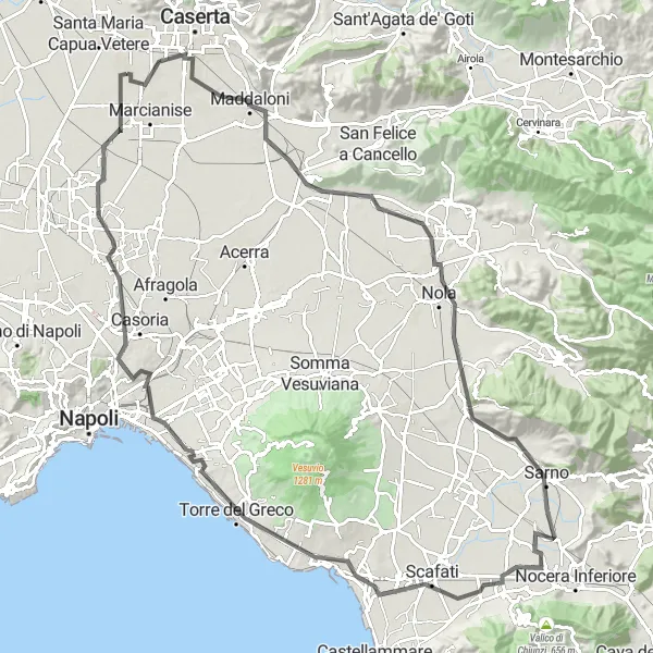 Miniatura della mappa di ispirazione al ciclismo "Escursione in bici attraverso Cimitile e Torre del Greco" nella regione di Campania, Italy. Generata da Tarmacs.app, pianificatore di rotte ciclistiche