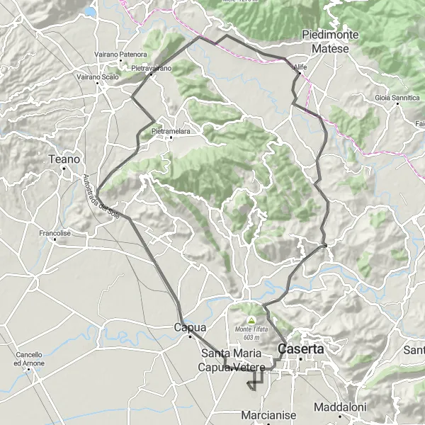 Miniatura della mappa di ispirazione al ciclismo "Sfida ciclistica tra Santa Maria Capua Vetere e Monte San Leucio" nella regione di Campania, Italy. Generata da Tarmacs.app, pianificatore di rotte ciclistiche