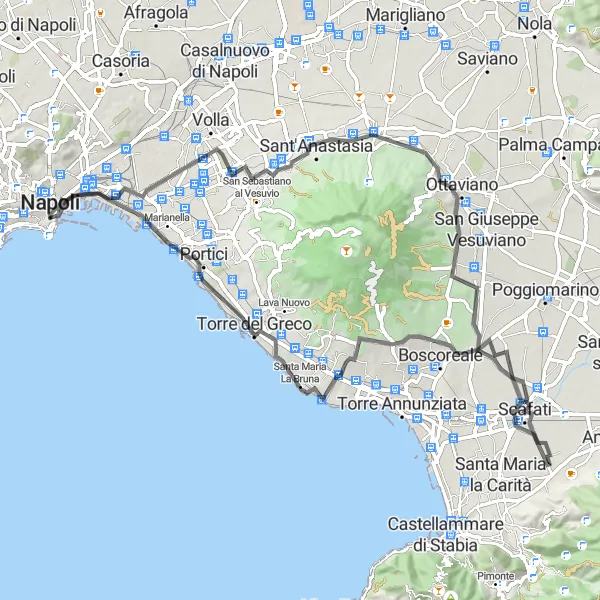 Miniatura della mappa di ispirazione al ciclismo "Esplorazione in bicicletta tra Pollena Trocchia e Boscoreale" nella regione di Campania, Italy. Generata da Tarmacs.app, pianificatore di rotte ciclistiche
