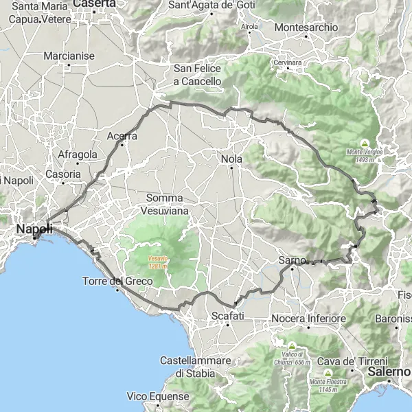 Map miniature of "Embark on a Scenic Journey to Sarno through Monte Esca" cycling inspiration in Campania, Italy. Generated by Tarmacs.app cycling route planner