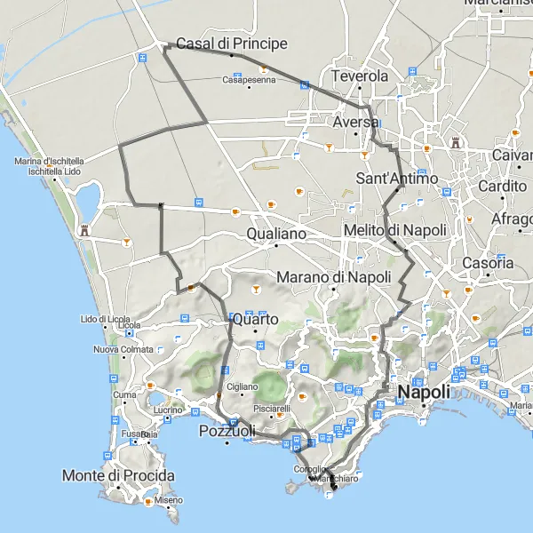 Map miniature of "Coastal and Cultural Exploration" cycling inspiration in Campania, Italy. Generated by Tarmacs.app cycling route planner