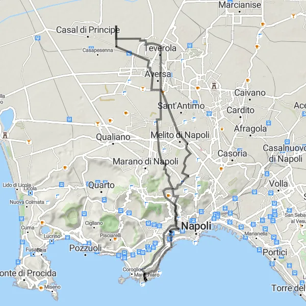 Miniatura della mappa di ispirazione al ciclismo "Giro in bici da Posillipo a Melito di Napoli" nella regione di Campania, Italy. Generata da Tarmacs.app, pianificatore di rotte ciclistiche
