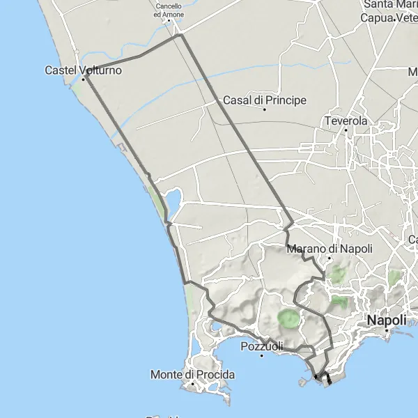 Map miniature of "Posillipo to Villa Literno Round Trip" cycling inspiration in Campania, Italy. Generated by Tarmacs.app cycling route planner