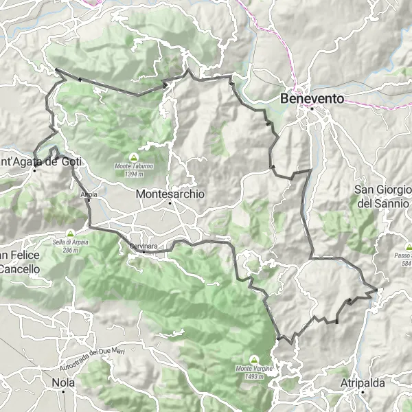 Map miniature of "Prata di Principato Ultra to Pratola Serra" cycling inspiration in Campania, Italy. Generated by Tarmacs.app cycling route planner