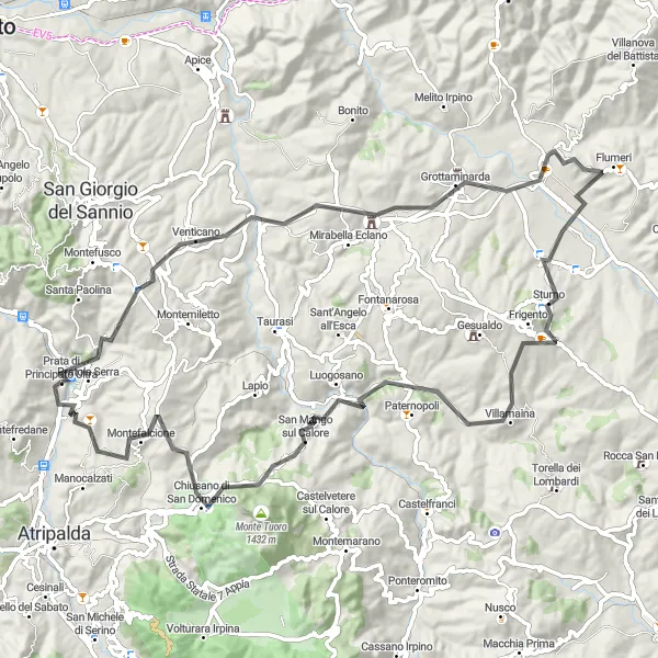 Miniatura della mappa di ispirazione al ciclismo "Giro in bicicletta da Prata di Principato Ultra" nella regione di Campania, Italy. Generata da Tarmacs.app, pianificatore di rotte ciclistiche