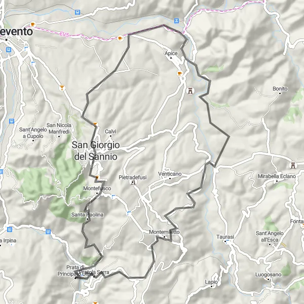 Map miniature of "Exploring the Pristine Countryside: Road Cycling Route starting near Prata di Principato Ultra" cycling inspiration in Campania, Italy. Generated by Tarmacs.app cycling route planner