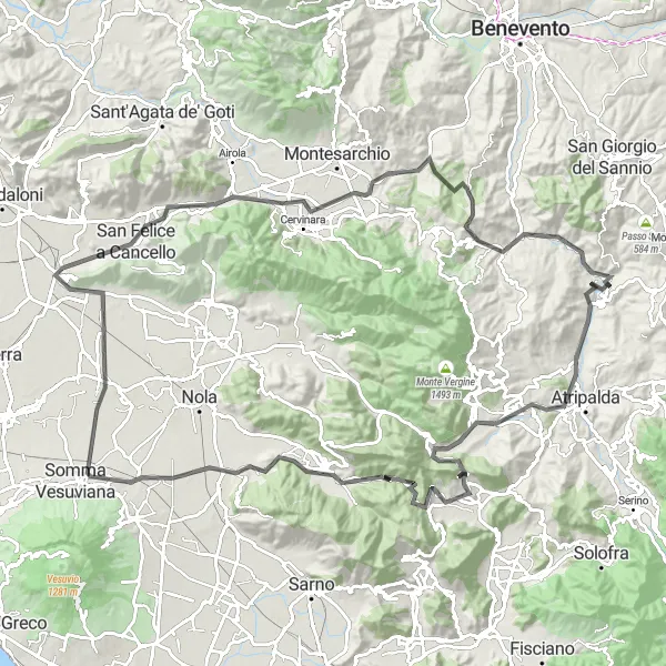 Miniatura della mappa di ispirazione al ciclismo "Giro delle Montagne Irpine" nella regione di Campania, Italy. Generata da Tarmacs.app, pianificatore di rotte ciclistiche