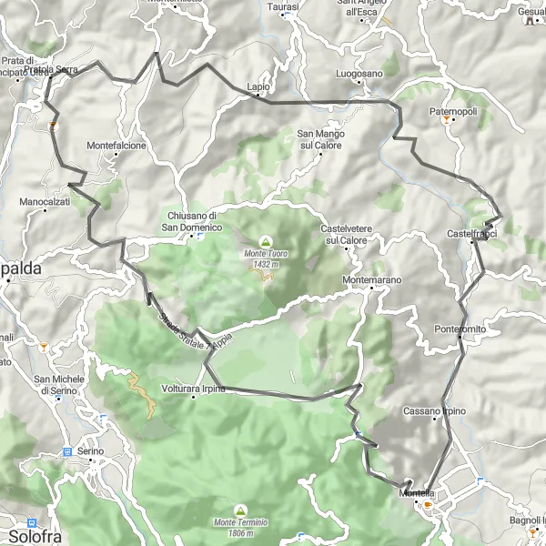 Map miniature of "Pratola Serra - Cassano Irpino" cycling inspiration in Campania, Italy. Generated by Tarmacs.app cycling route planner
