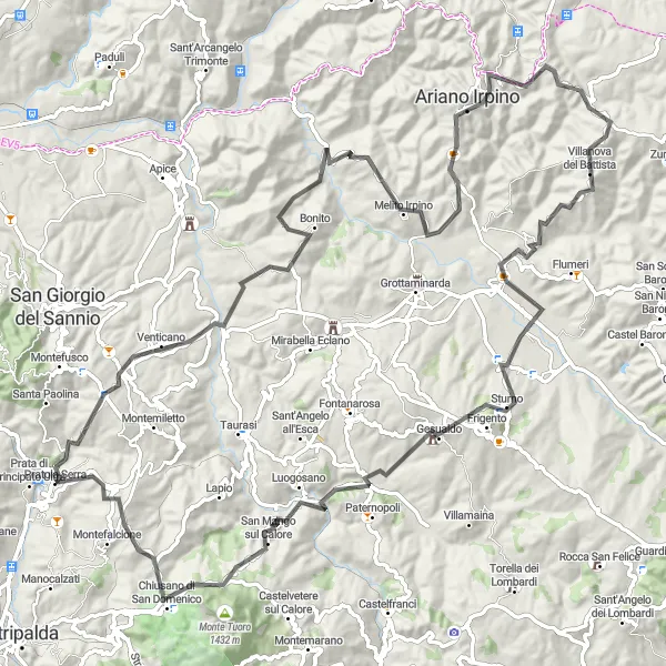Miniatura della mappa di ispirazione al ciclismo "Tour delle Colline Irpine" nella regione di Campania, Italy. Generata da Tarmacs.app, pianificatore di rotte ciclistiche