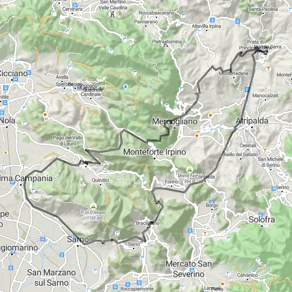 Map miniature of "Pratola Serra - Prata di Principato Ultra Loop" cycling inspiration in Campania, Italy. Generated by Tarmacs.app cycling route planner