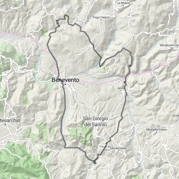 Miniatura della mappa di ispirazione al ciclismo "Giro Panoramico tra Pratola Serra e Pietrelcina" nella regione di Campania, Italy. Generata da Tarmacs.app, pianificatore di rotte ciclistiche