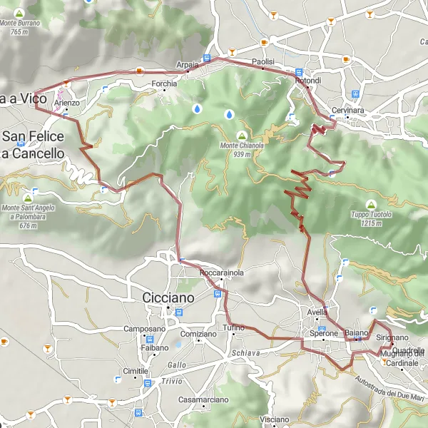 Miniatura della mappa di ispirazione al ciclismo "Sfida in gravel da Quadrelle al Castello di Avella" nella regione di Campania, Italy. Generata da Tarmacs.app, pianificatore di rotte ciclistiche