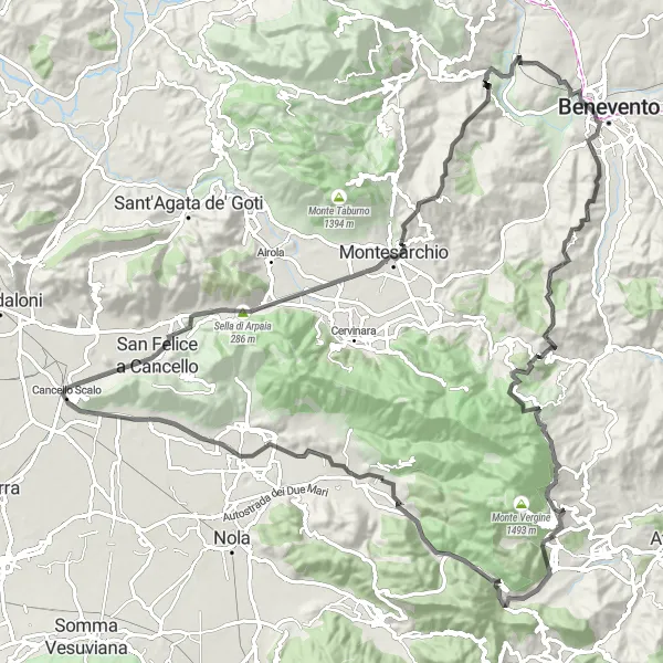 Miniatura della mappa di ispirazione al ciclismo "Giro in bici da Quadrelle a Monte Carafone e ritorno" nella regione di Campania, Italy. Generata da Tarmacs.app, pianificatore di rotte ciclistiche