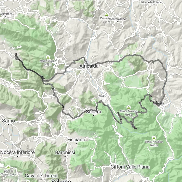 Miniatura della mappa di ispirazione al ciclismo "Avventura su due ruote da Quadrelle a Monte Esca" nella regione di Campania, Italy. Generata da Tarmacs.app, pianificatore di rotte ciclistiche