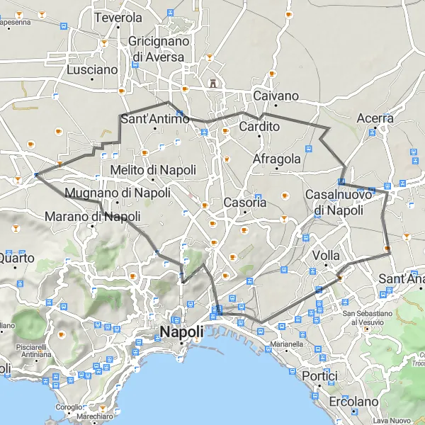 Miniatura della mappa di ispirazione al ciclismo "Itinerario panoramico da Qualiano a Belvedere" nella regione di Campania, Italy. Generata da Tarmacs.app, pianificatore di rotte ciclistiche