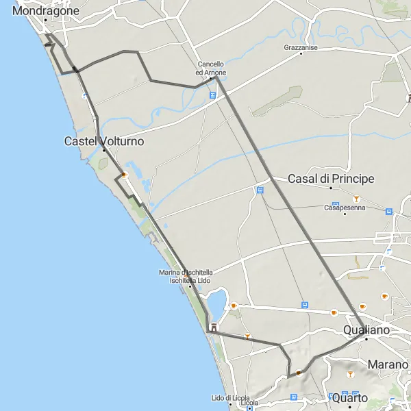 Map miniature of "Lago Patria to Qualiano Ride" cycling inspiration in Campania, Italy. Generated by Tarmacs.app cycling route planner