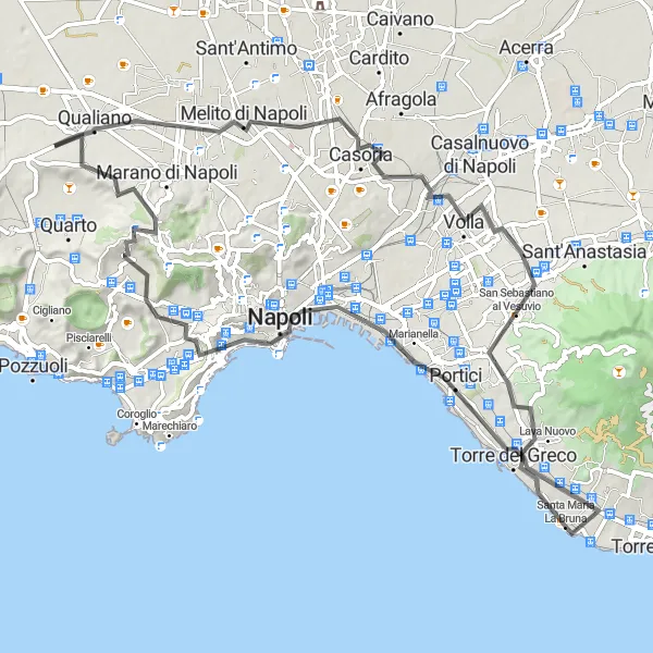 Miniatura della mappa di ispirazione al ciclismo "Avventura ciclistica da Qualiano a Napoli" nella regione di Campania, Italy. Generata da Tarmacs.app, pianificatore di rotte ciclistiche