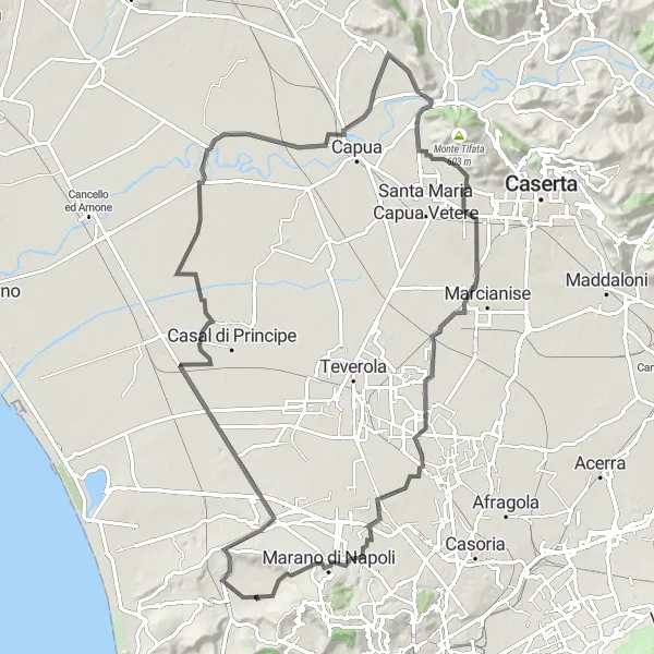 Miniatura della mappa di ispirazione al ciclismo "Giro in bici attraverso Qualiano, Grazzanise e Sant'Angelo in Formis" nella regione di Campania, Italy. Generata da Tarmacs.app, pianificatore di rotte ciclistiche