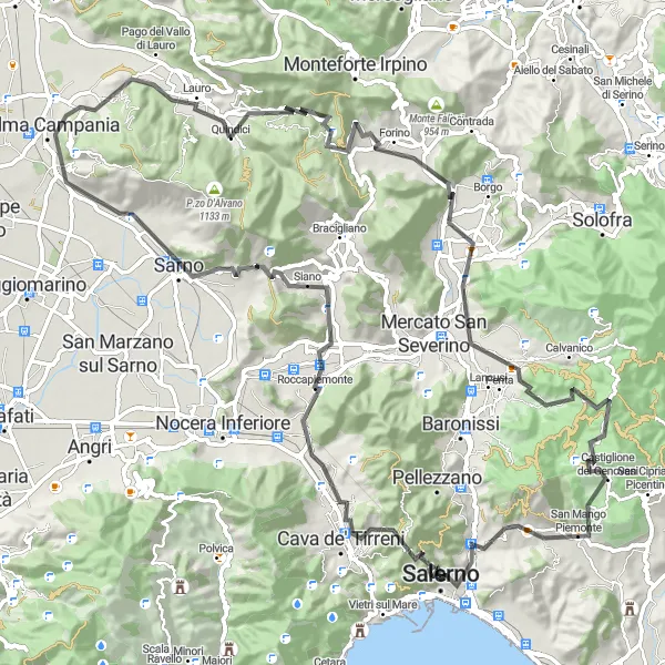 Map miniature of "Quindici: Loop around Poggio Boschitiello" cycling inspiration in Campania, Italy. Generated by Tarmacs.app cycling route planner