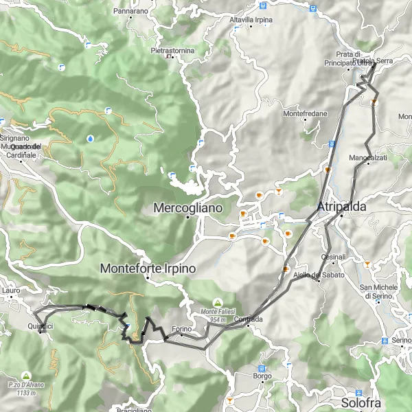 Miniatura della mappa di ispirazione al ciclismo "Tour in bicicletta intorno a Quindici e Atripalda" nella regione di Campania, Italy. Generata da Tarmacs.app, pianificatore di rotte ciclistiche