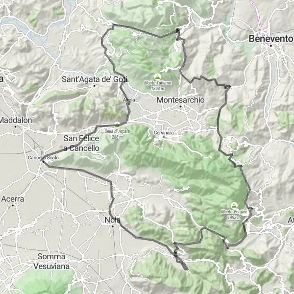 Miniatura della mappa di ispirazione al ciclismo "Sfida al Monte Mauro" nella regione di Campania, Italy. Generata da Tarmacs.app, pianificatore di rotte ciclistiche