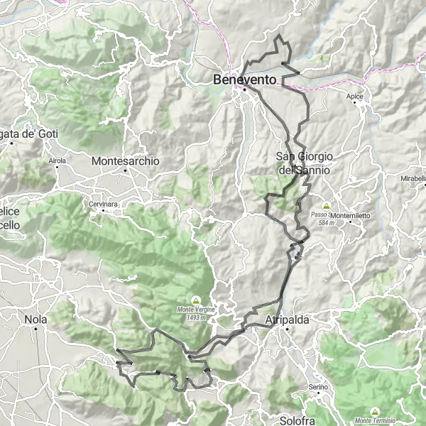 Miniatura della mappa di ispirazione al ciclismo "Giro in bicicletta da Quindici attraverso Avellino" nella regione di Campania, Italy. Generata da Tarmacs.app, pianificatore di rotte ciclistiche