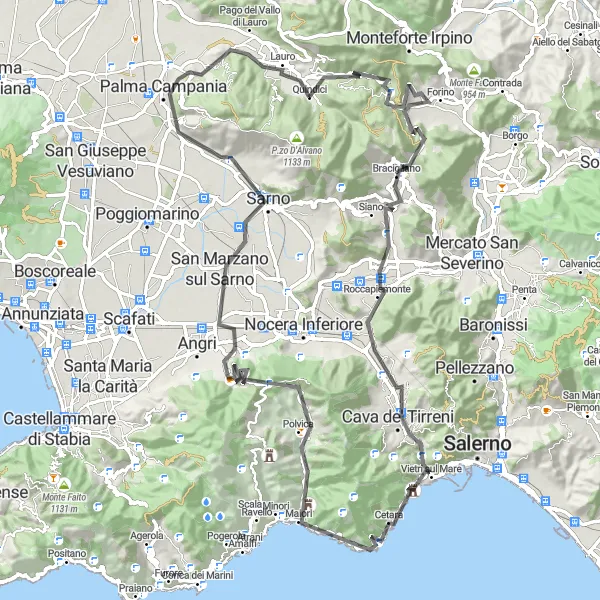 Miniatura della mappa di ispirazione al ciclismo "Strade panoramiche attorno a Quindici" nella regione di Campania, Italy. Generata da Tarmacs.app, pianificatore di rotte ciclistiche