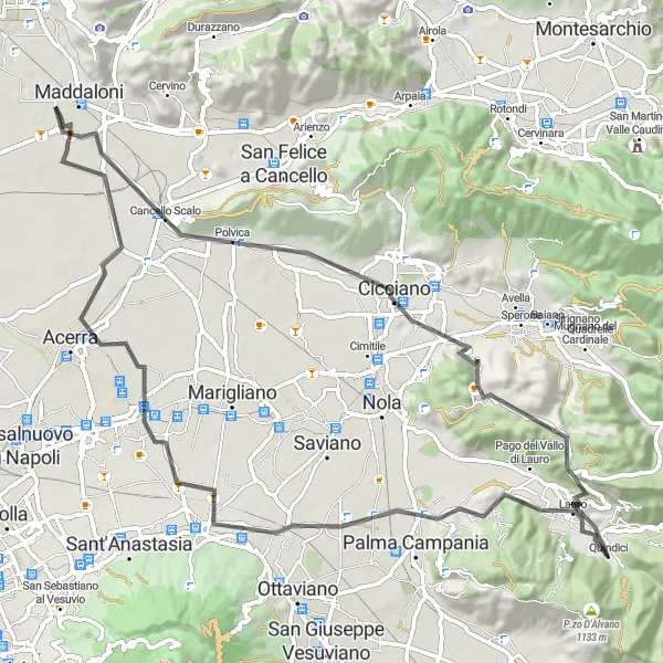 Map miniature of "Quindici Delights" cycling inspiration in Campania, Italy. Generated by Tarmacs.app cycling route planner