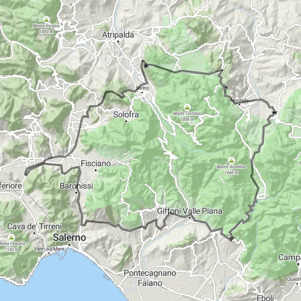 Map miniature of "Exploring Irpinian Highlands" cycling inspiration in Campania, Italy. Generated by Tarmacs.app cycling route planner