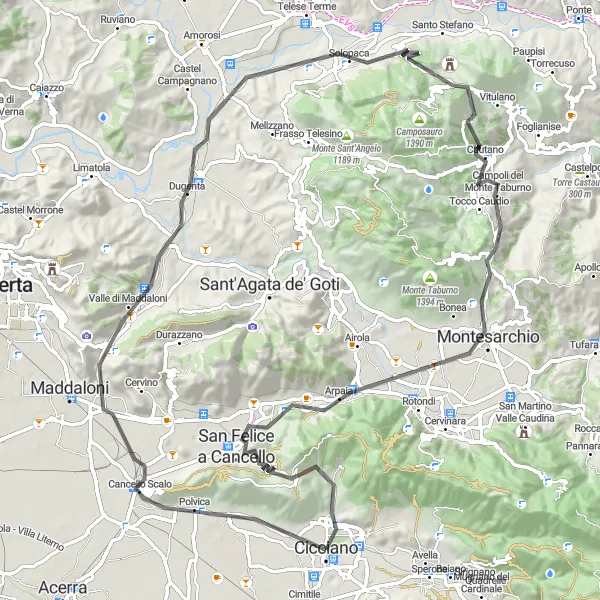 Miniatura della mappa di ispirazione al ciclismo "Escursione ciclistica tra Monte Castello e San Felice a Cancello" nella regione di Campania, Italy. Generata da Tarmacs.app, pianificatore di rotte ciclistiche