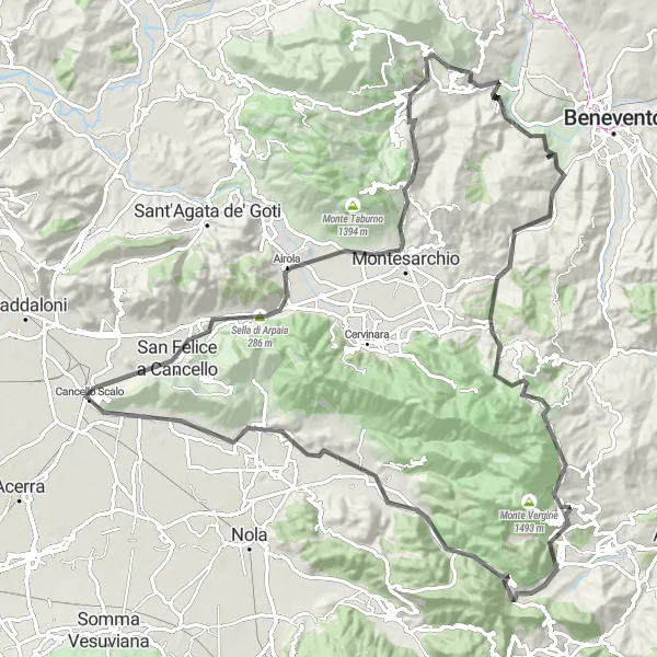 Map miniature of "Mountainous Adventure in Campania" cycling inspiration in Campania, Italy. Generated by Tarmacs.app cycling route planner