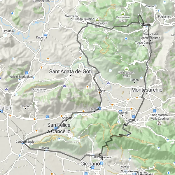 Miniatura della mappa di ispirazione al ciclismo "Tour in bicicletta tra Castello del Matinale e Cima Recuorvo" nella regione di Campania, Italy. Generata da Tarmacs.app, pianificatore di rotte ciclistiche