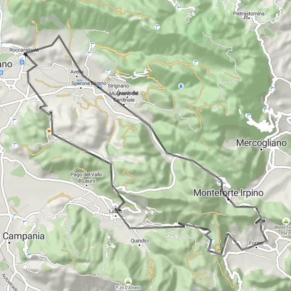 Map miniature of "Short but Adventurous Route in Roccarainola" cycling inspiration in Campania, Italy. Generated by Tarmacs.app cycling route planner